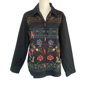Womens Large Embroidered Blazer Jacket Floral Boho Art To Wear Artsy - Black